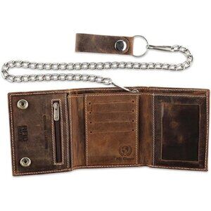 Vintage Cowhide Leather RFID Blocking Tri-Fold Men's Wallet with Chain